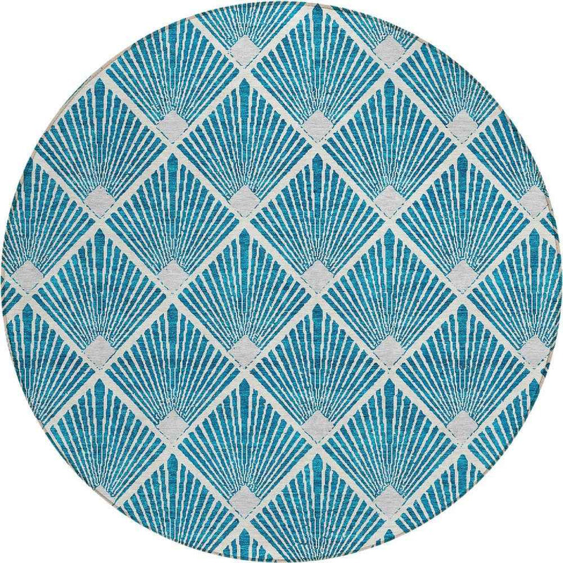 8' Teal Blue And Ivory Round Geometric Washable Indoor Outdoor Area Rug