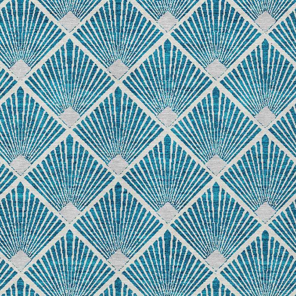 9' X 12' Teal Blue And Ivory Geometric Washable Indoor Outdoor Area Rug