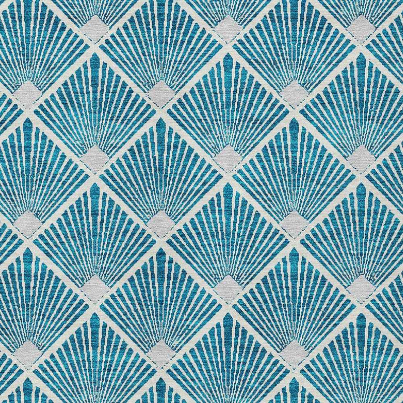 9' X 12' Teal Blue And Ivory Geometric Washable Indoor Outdoor Area Rug