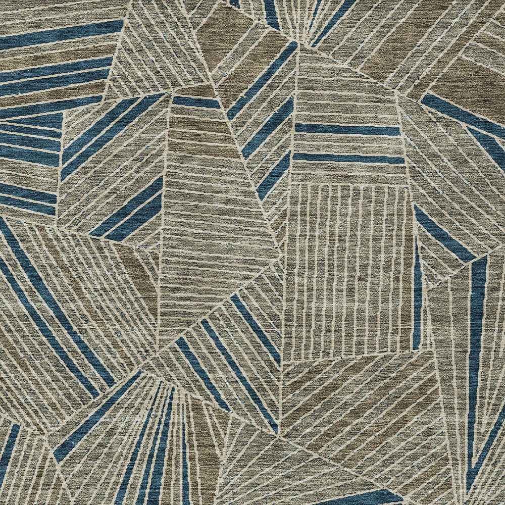 8' X 10' Taupe Blue And Beige Geometric Washable Indoor Outdoor Area Rug