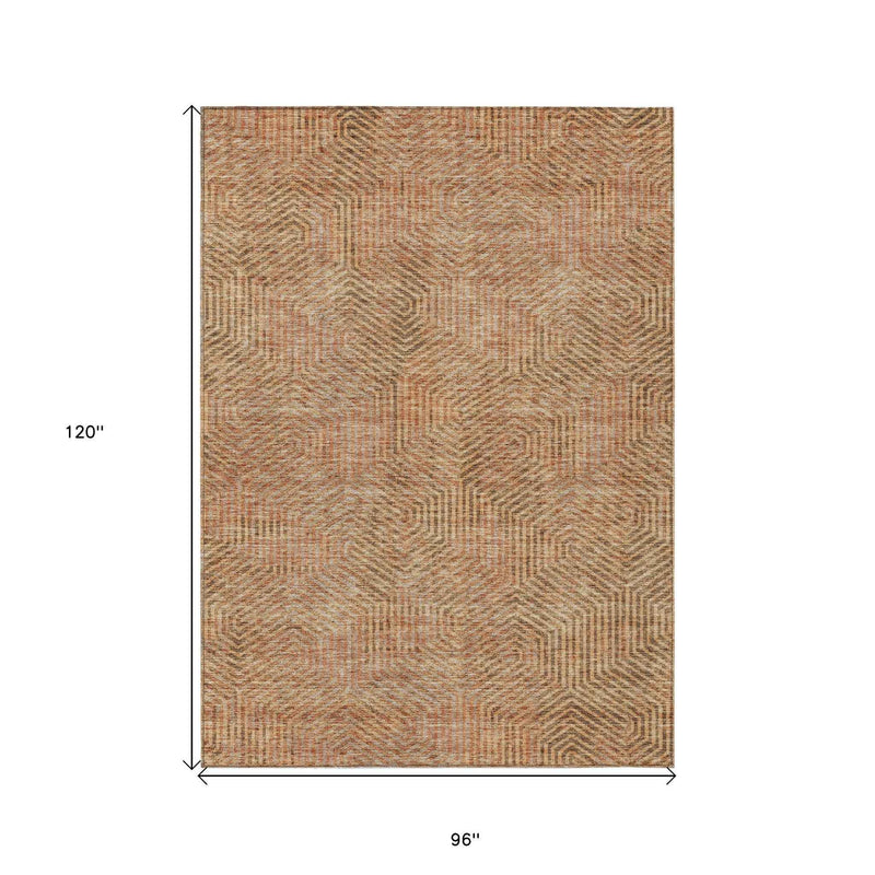 8' X 10' Copper Brown And Beige Geometric Washable Indoor Outdoor Area Rug