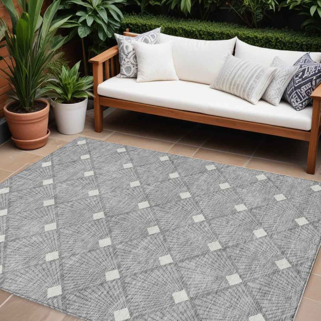 10' X 14' Gray And Ivory Geometric Washable Indoor Outdoor Area Rug