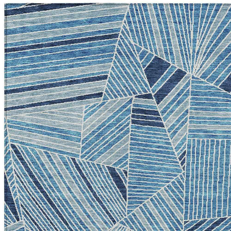 9' X 12' Blue And Teal Blue Geometric Washable Indoor Outdoor Area Rug