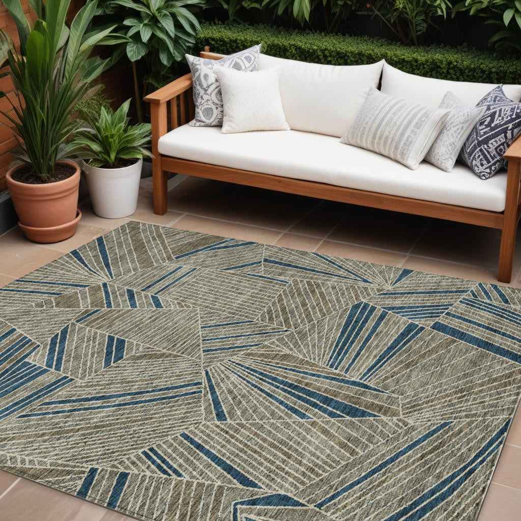 8' X 10' Taupe Blue And Beige Geometric Washable Indoor Outdoor Area Rug