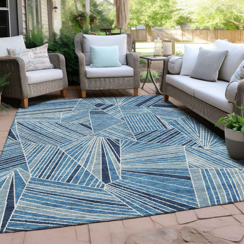 9' X 12' Blue And Teal Blue Geometric Washable Indoor Outdoor Area Rug