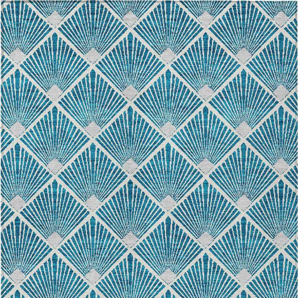 10' X 14' Teal Blue And Ivory Geometric Washable Indoor Outdoor Area Rug