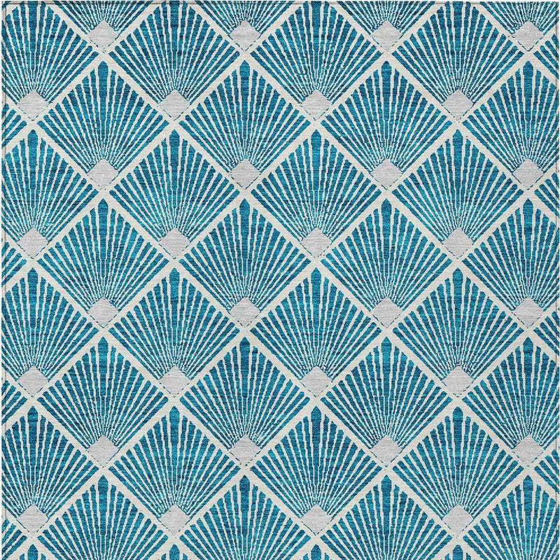 10' X 14' Teal Blue And Ivory Geometric Washable Indoor Outdoor Area Rug