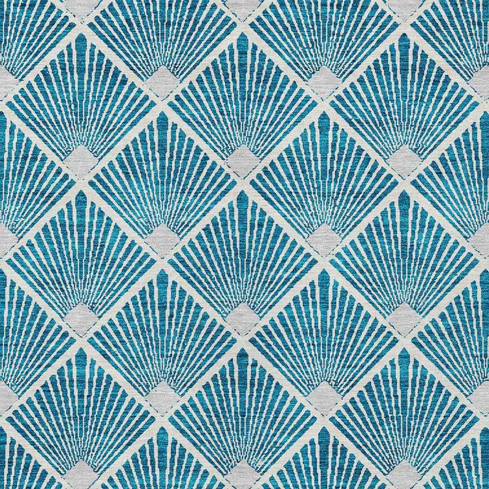 10' X 14' Teal Blue And Ivory Geometric Washable Indoor Outdoor Area Rug