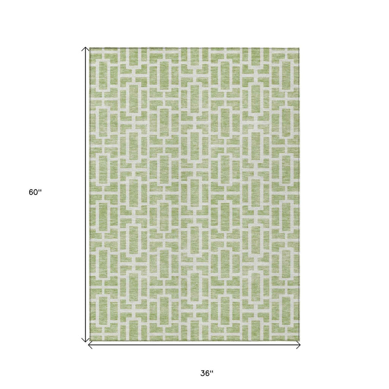 3' X 5' Artichoke Green And Ivory Geometric Washable Indoor Outdoor Area Rug