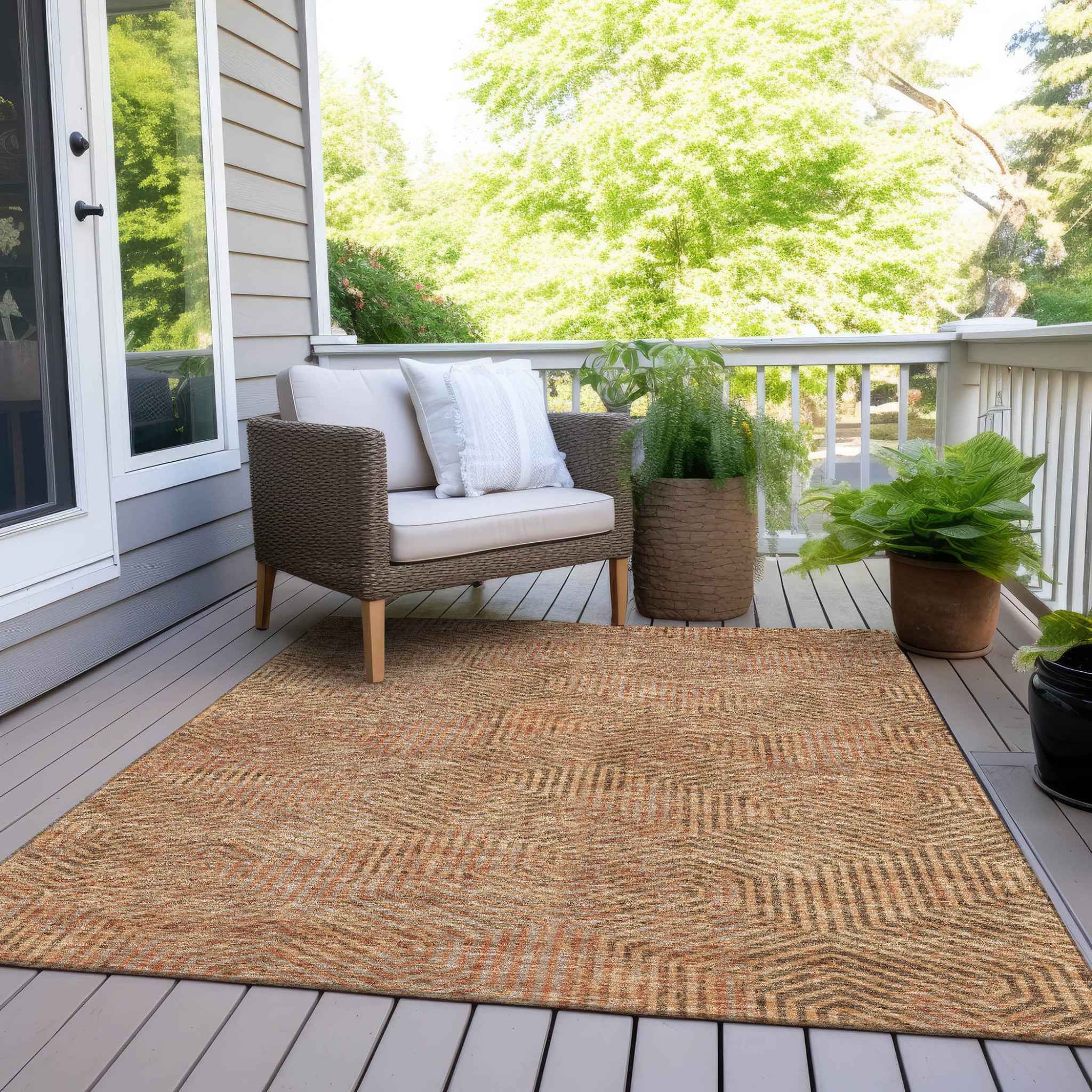 5' X 8' Copper Brown And Beige Geometric Washable Indoor Outdoor Area Rug