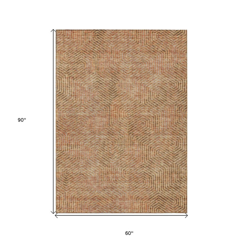 5' X 8' Copper Brown And Beige Geometric Washable Indoor Outdoor Area Rug
