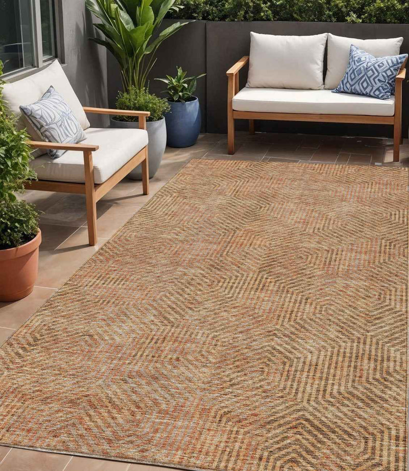 5' X 8' Copper Brown And Beige Geometric Washable Indoor Outdoor Area Rug