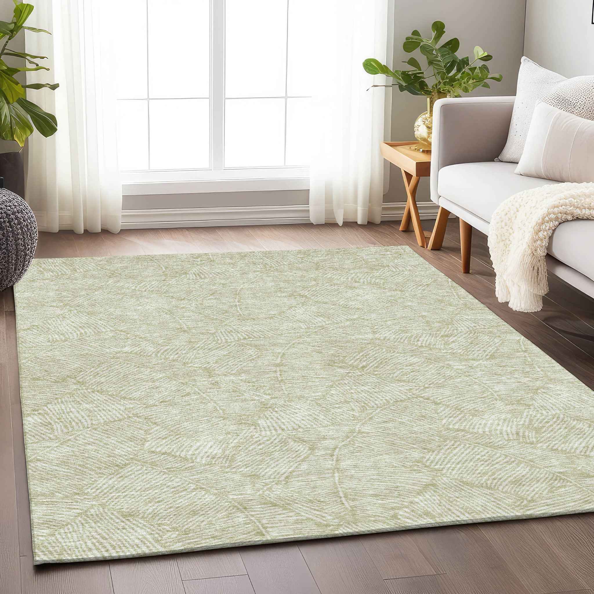 3' X 5' Artichoke Green And Ivory Floral Washable Indoor Outdoor Area Rug