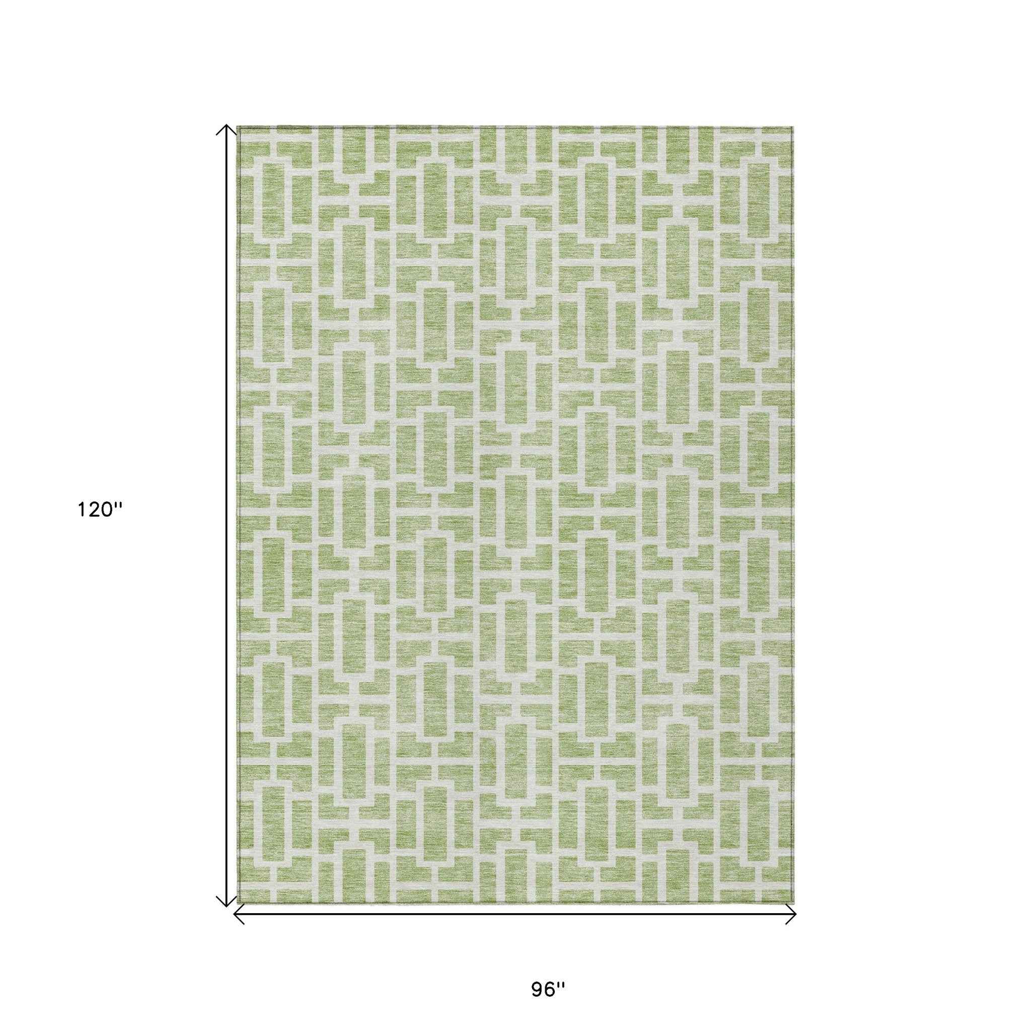 8' X 10' Artichoke Green And Ivory Geometric Washable Indoor Outdoor Area Rug