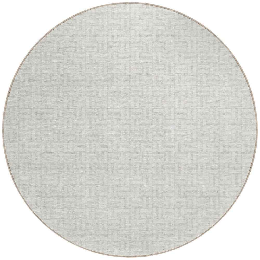 8' Ivory And Silver Round Geometric Washable Indoor Outdoor Area Rug