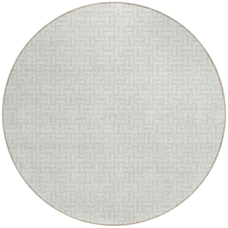 8' Ivory And Silver Round Geometric Washable Indoor Outdoor Area Rug