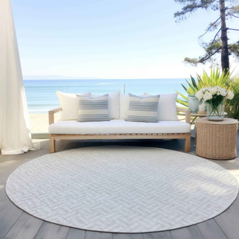 8' Ivory And Silver Round Geometric Washable Indoor Outdoor Area Rug