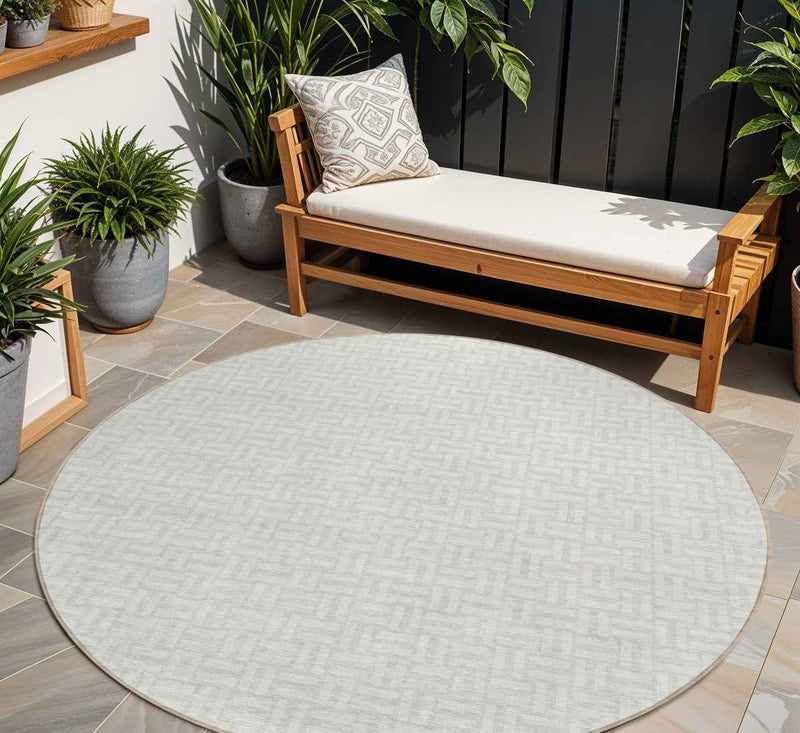 8' Ivory And Silver Round Geometric Washable Indoor Outdoor Area Rug