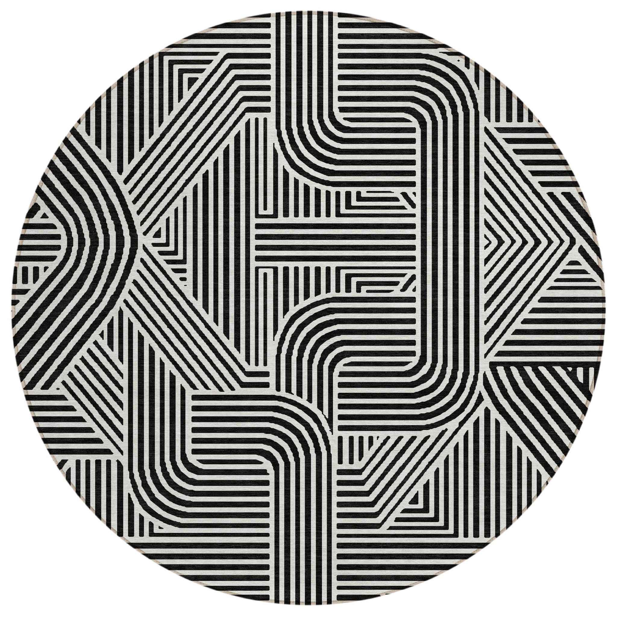 8' Black And Ivory Round Abstract Washable Indoor Outdoor Area Rug