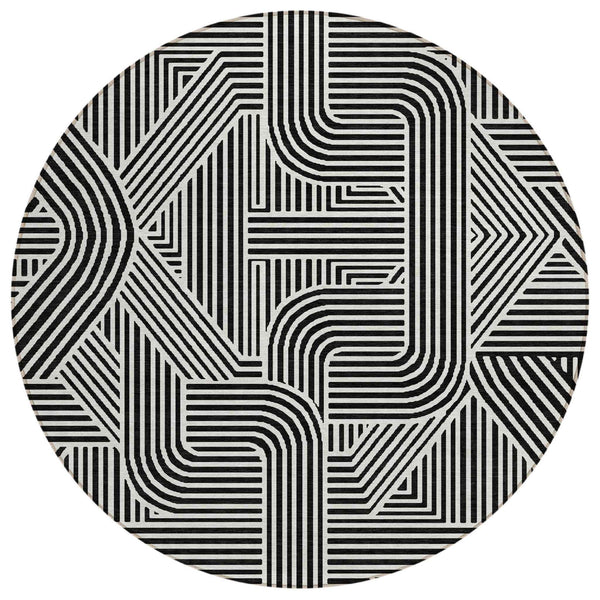 8' Black And Ivory Round Abstract Washable Indoor Outdoor Area Rug