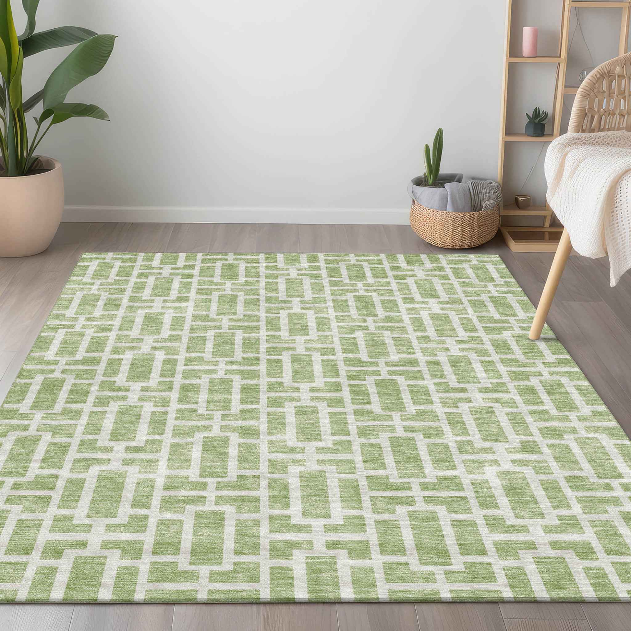 8' X 10' Artichoke Green And Ivory Geometric Washable Indoor Outdoor Area Rug