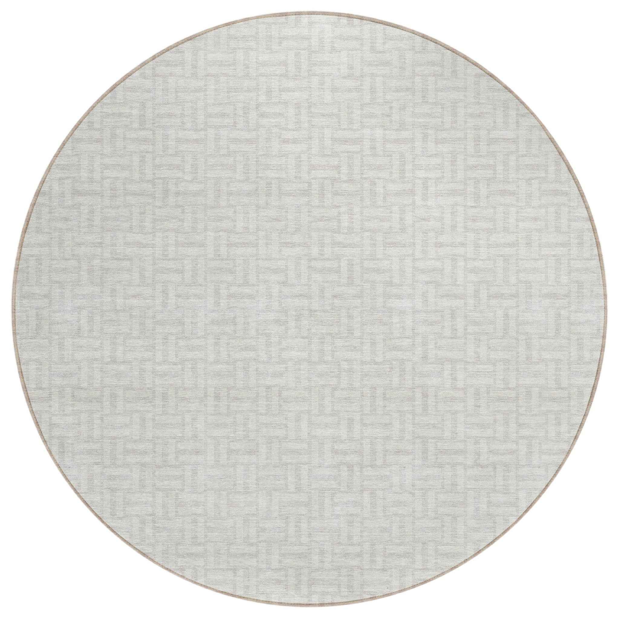 8' Ivory And Silver Round Geometric Washable Indoor Outdoor Area Rug