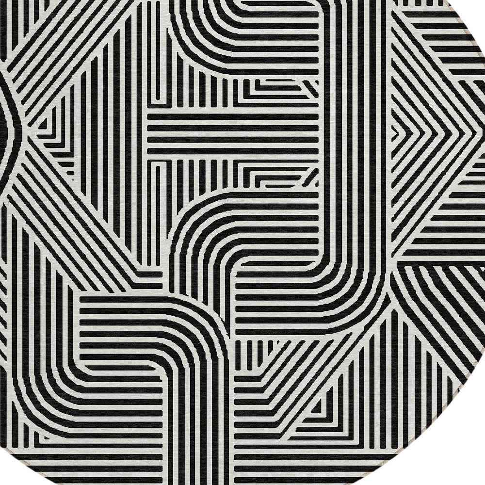 8' Black And Ivory Round Abstract Washable Indoor Outdoor Area Rug