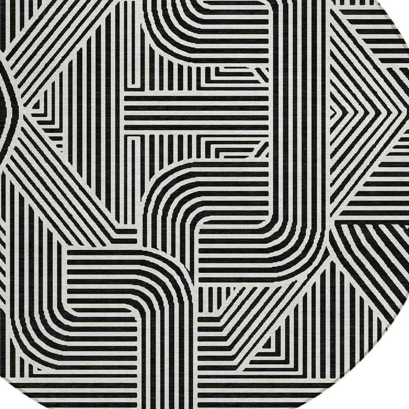 8' Black And Ivory Round Abstract Washable Indoor Outdoor Area Rug