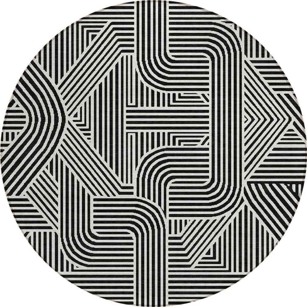 8' Black And Ivory Round Abstract Washable Indoor Outdoor Area Rug