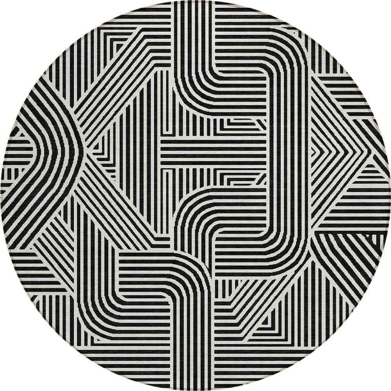 8' Black And Ivory Round Abstract Washable Indoor Outdoor Area Rug