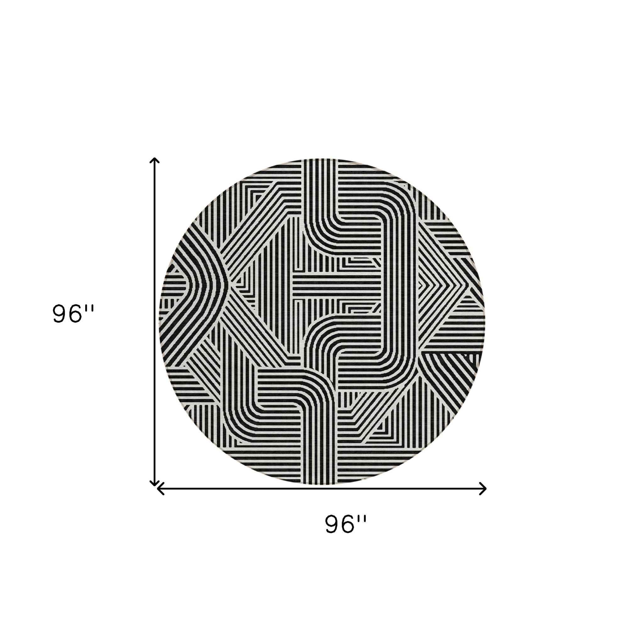 8' Black And Ivory Round Abstract Washable Indoor Outdoor Area Rug