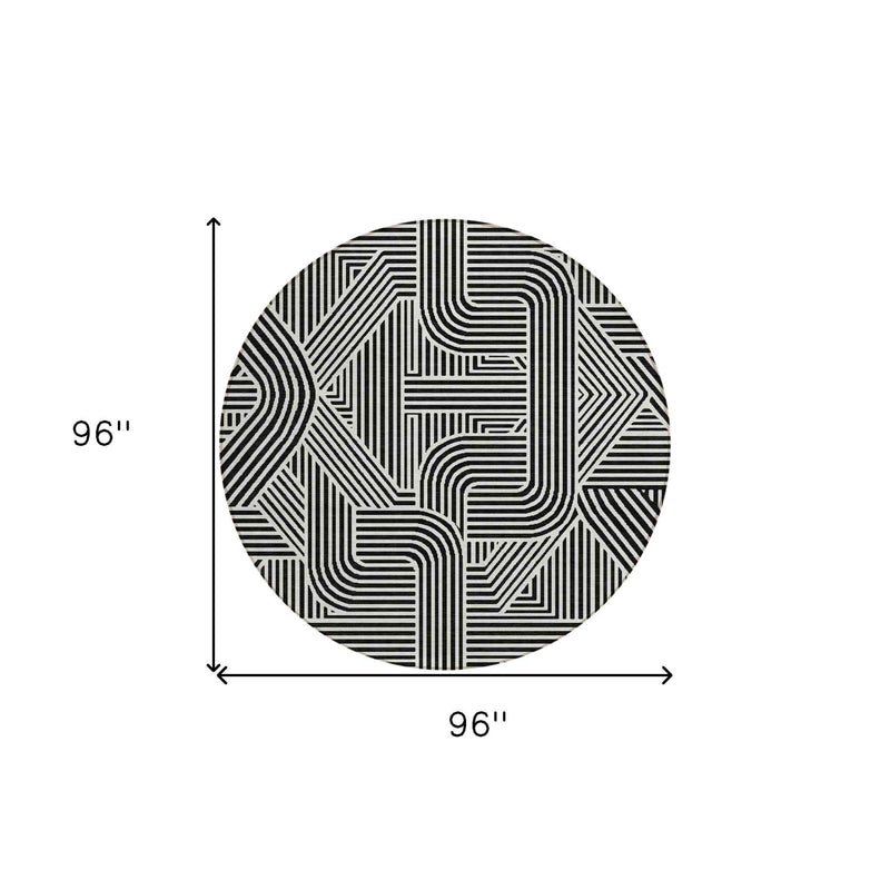 8' Black And Ivory Round Abstract Washable Indoor Outdoor Area Rug