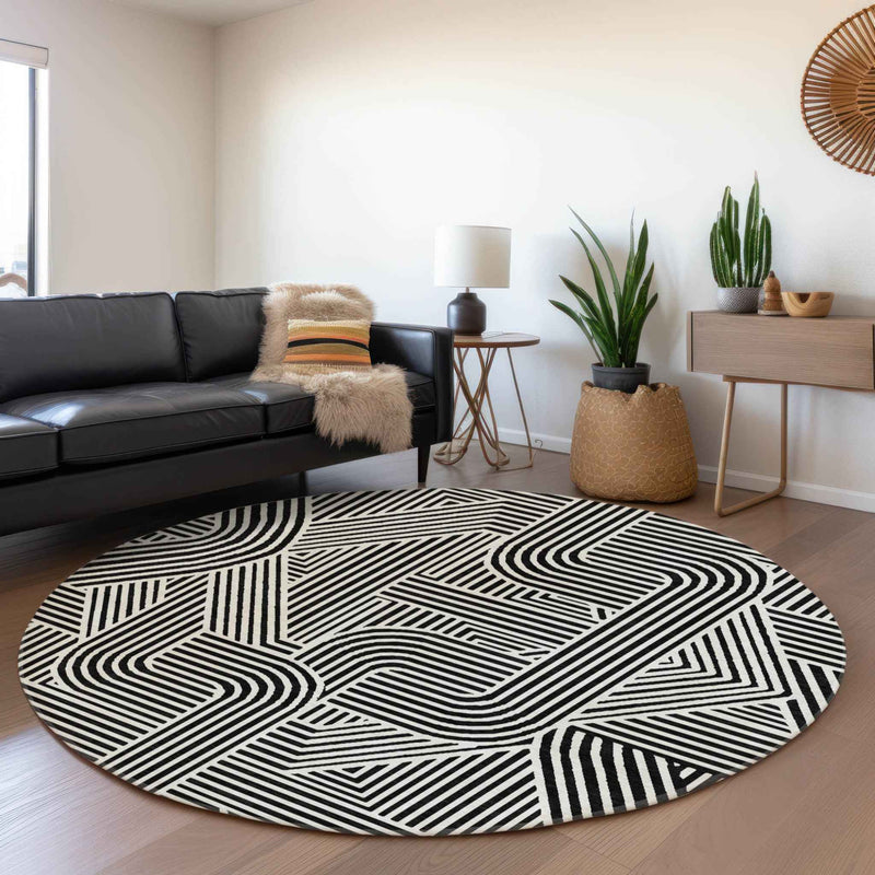 8' Black And Ivory Round Abstract Washable Indoor Outdoor Area Rug