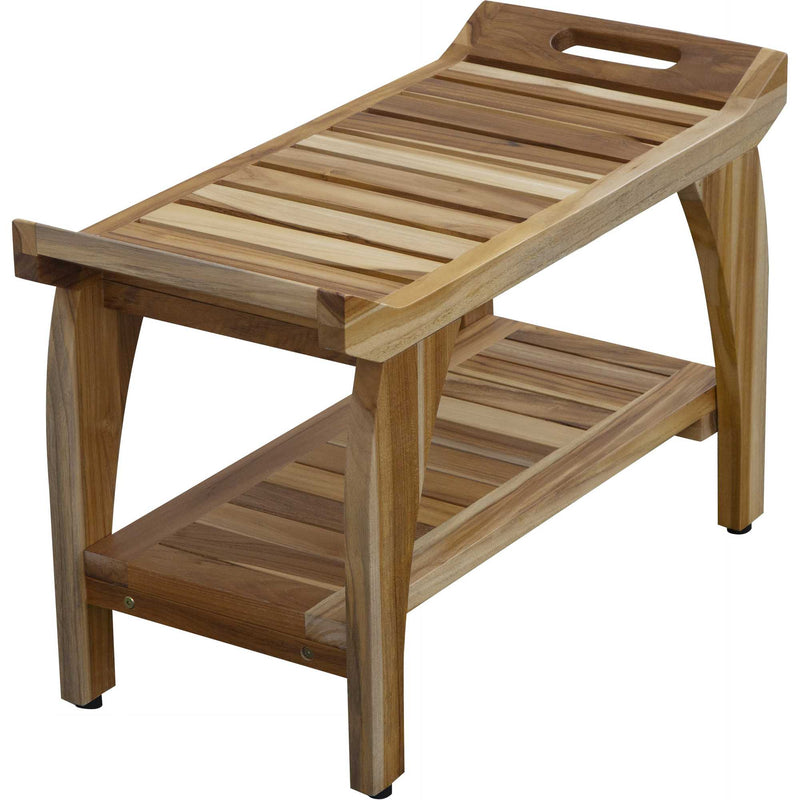 Teak shower bench with slatted top, lower rack, and two side handles