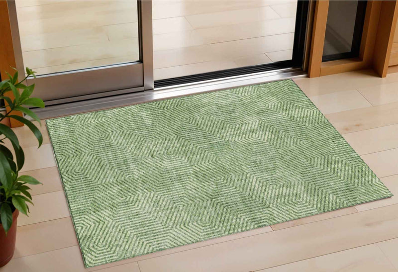 3' X 5' Green And Light Green Geometric Washable Indoor Outdoor Area Rug