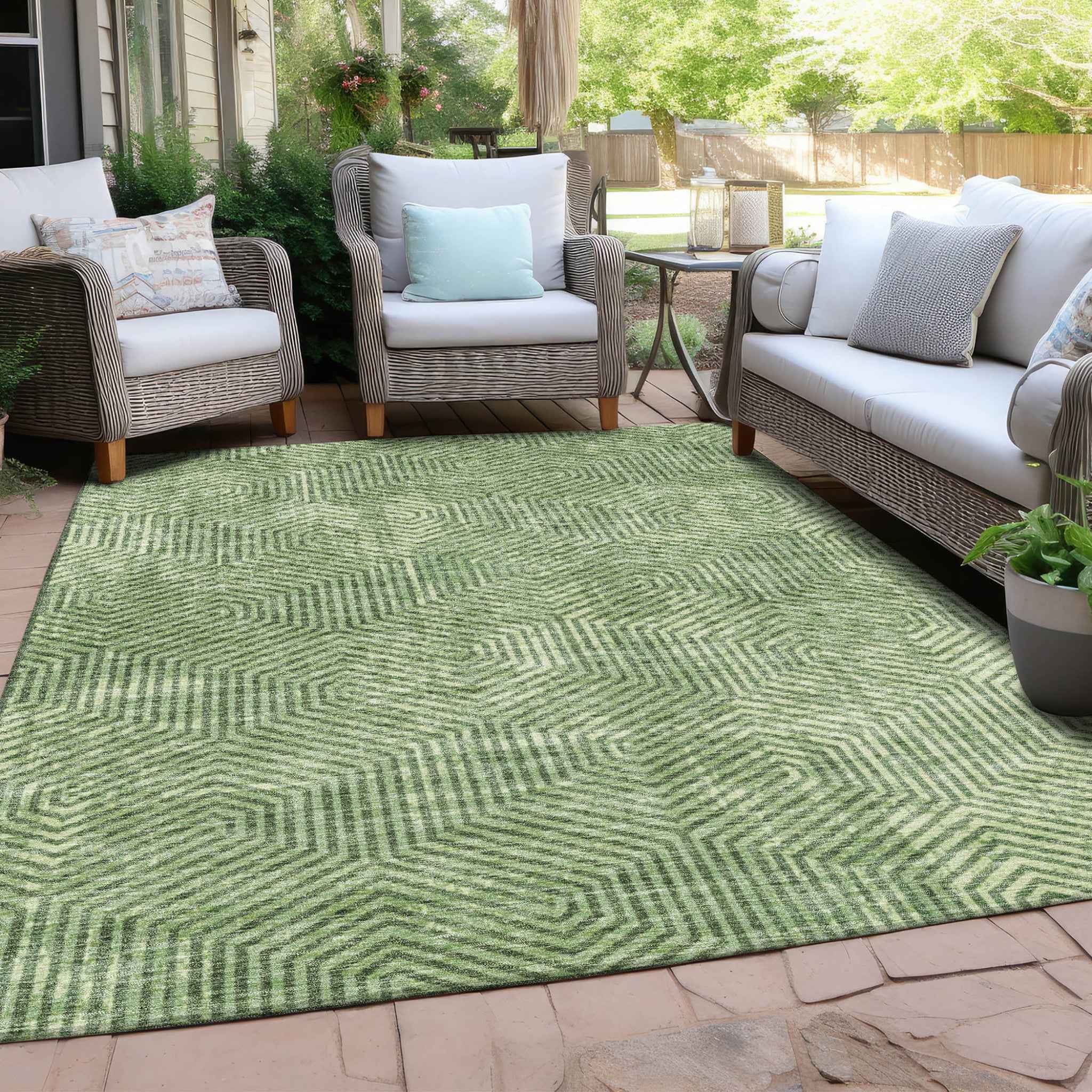 3' X 5' Green And Light Green Geometric Washable Indoor Outdoor Area Rug