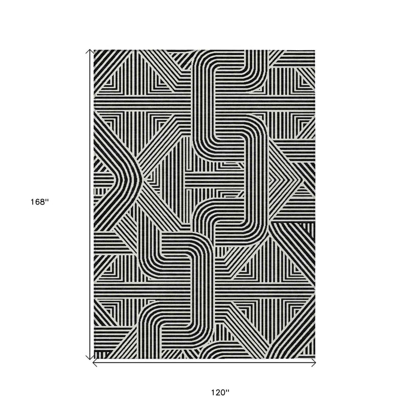 10' X 14' Black And Ivory Abstract Washable Indoor Outdoor Area Rug