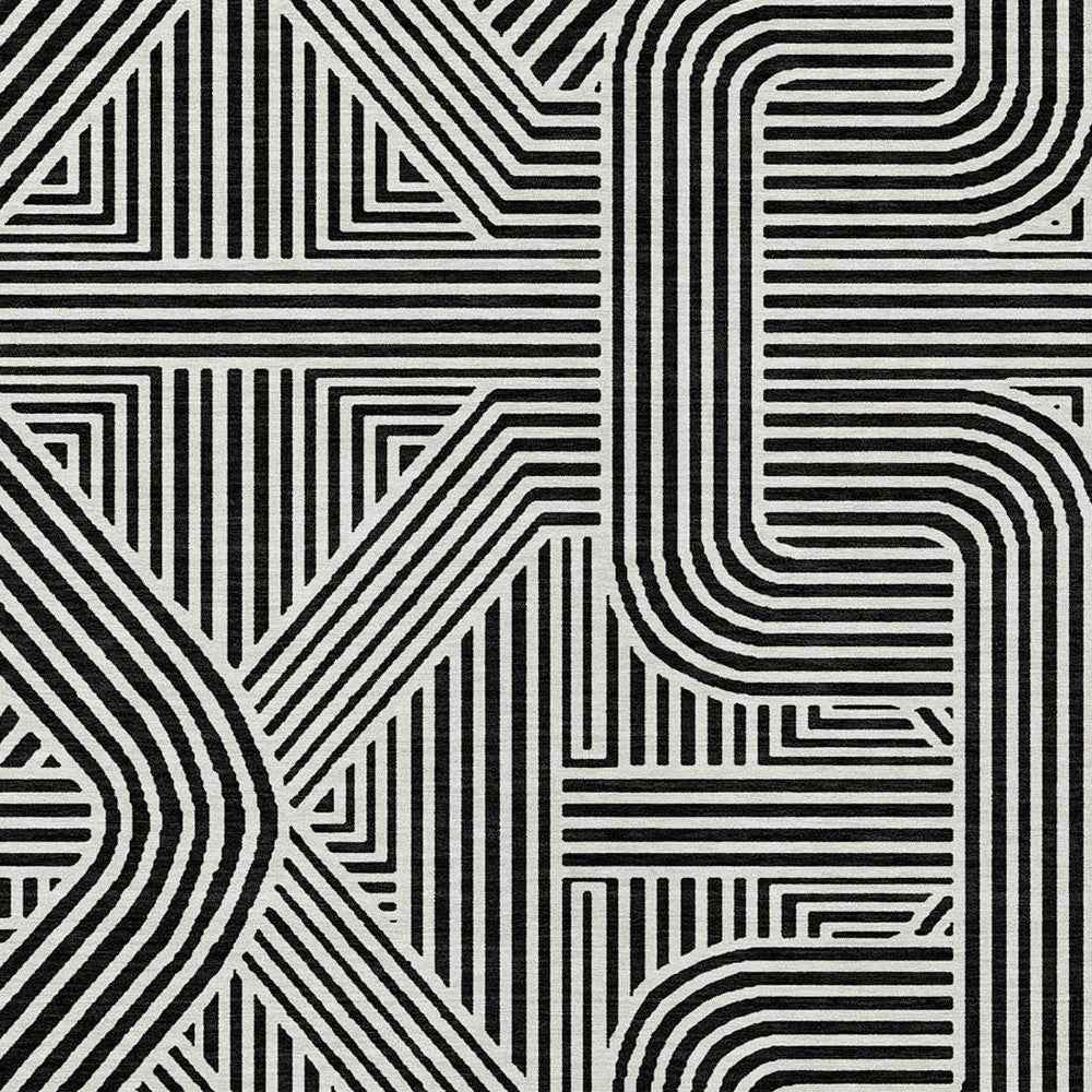 10' X 14' Black And Ivory Abstract Washable Indoor Outdoor Area Rug