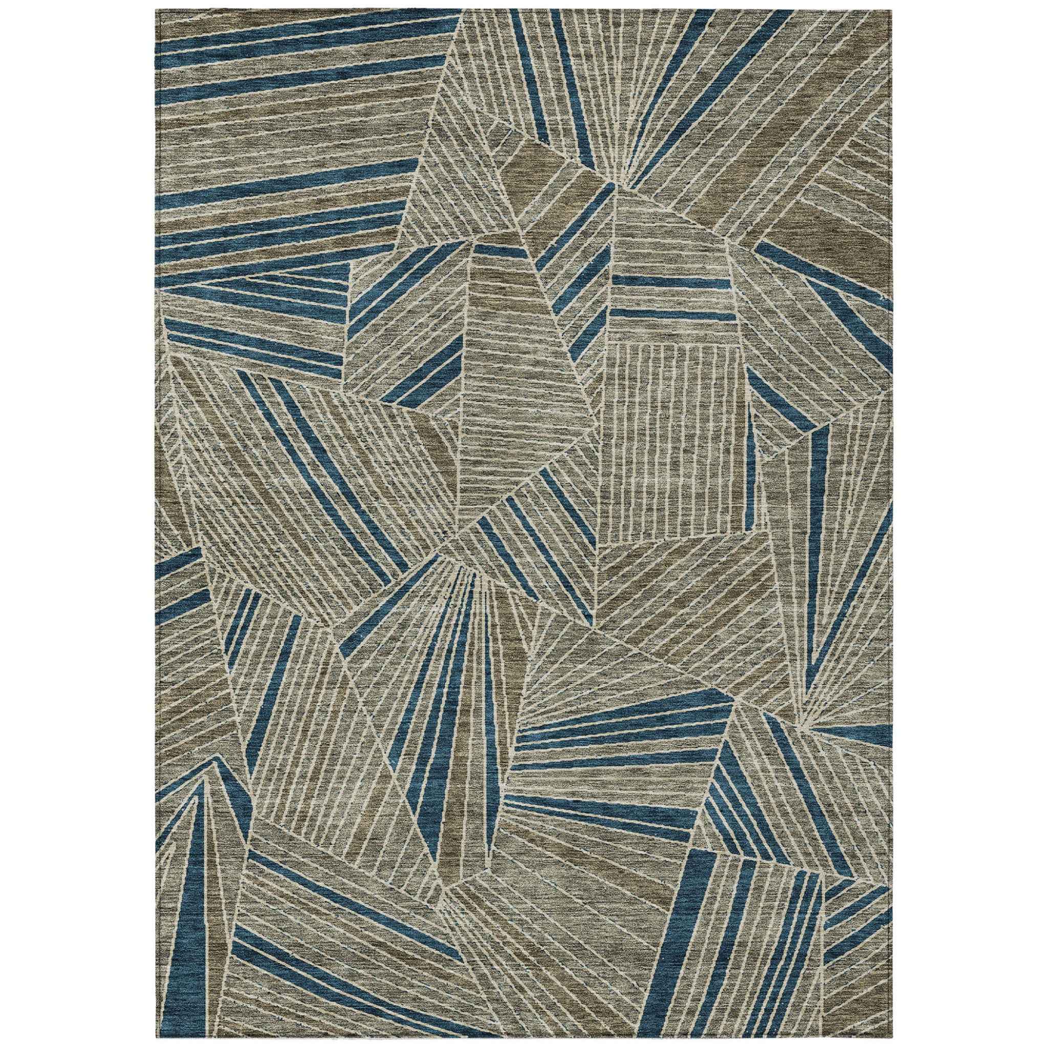 9' X 12' Taupe Blue And Beige Geometric Washable Indoor Outdoor Area Rug