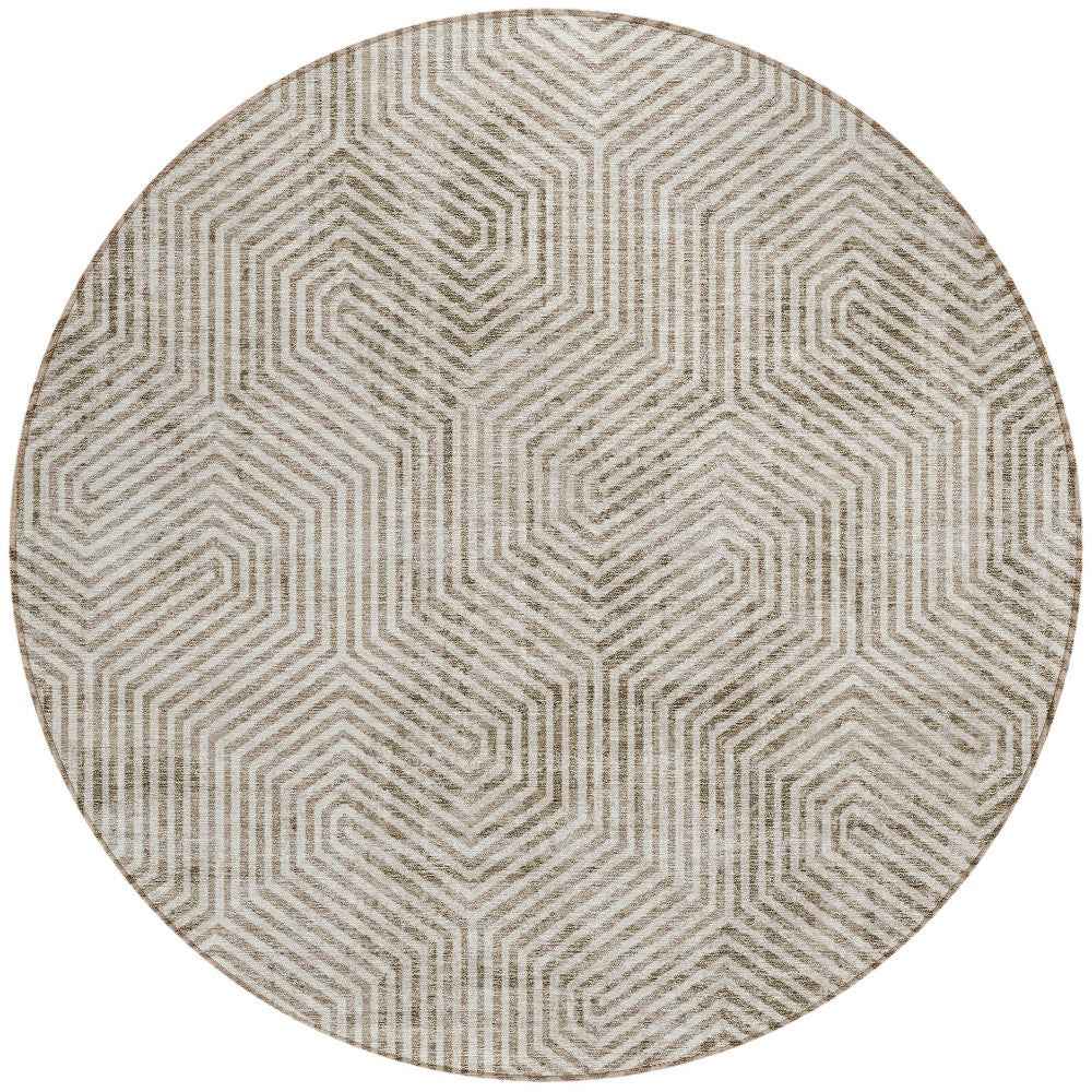 8' Taupe And Beige Round Geometric Washable Indoor Outdoor Area Rug