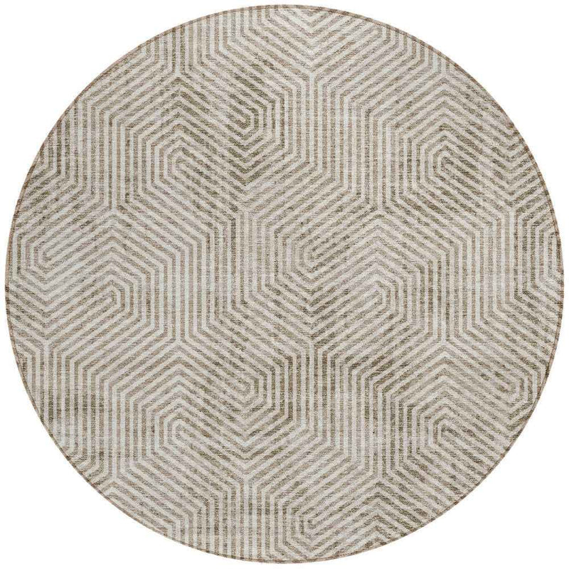 8' Taupe And Beige Round Geometric Washable Indoor Outdoor Area Rug