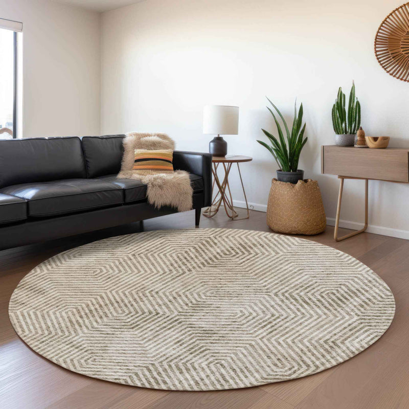 8' Taupe And Beige Round Geometric Washable Indoor Outdoor Area Rug