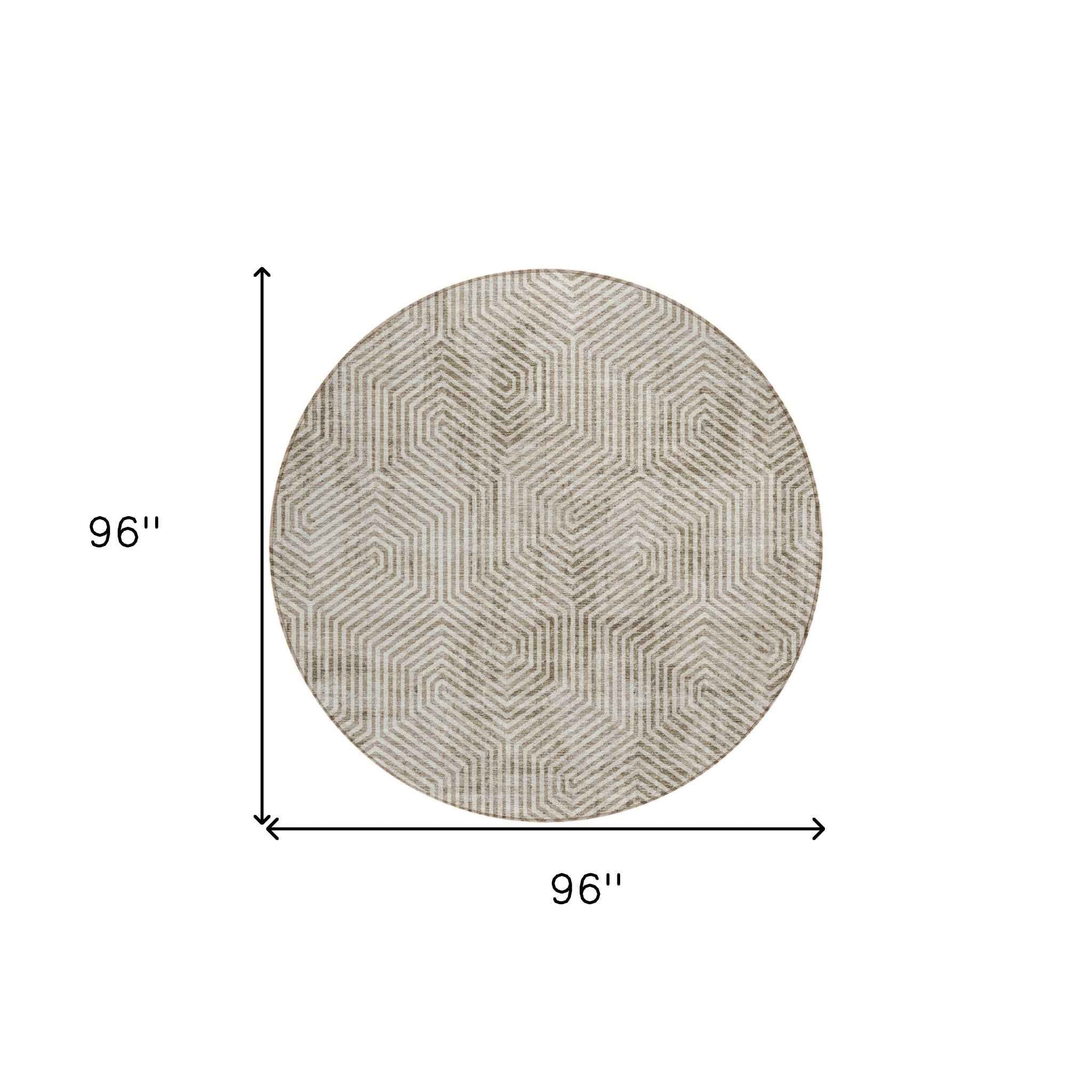8' Taupe And Beige Round Geometric Washable Indoor Outdoor Area Rug