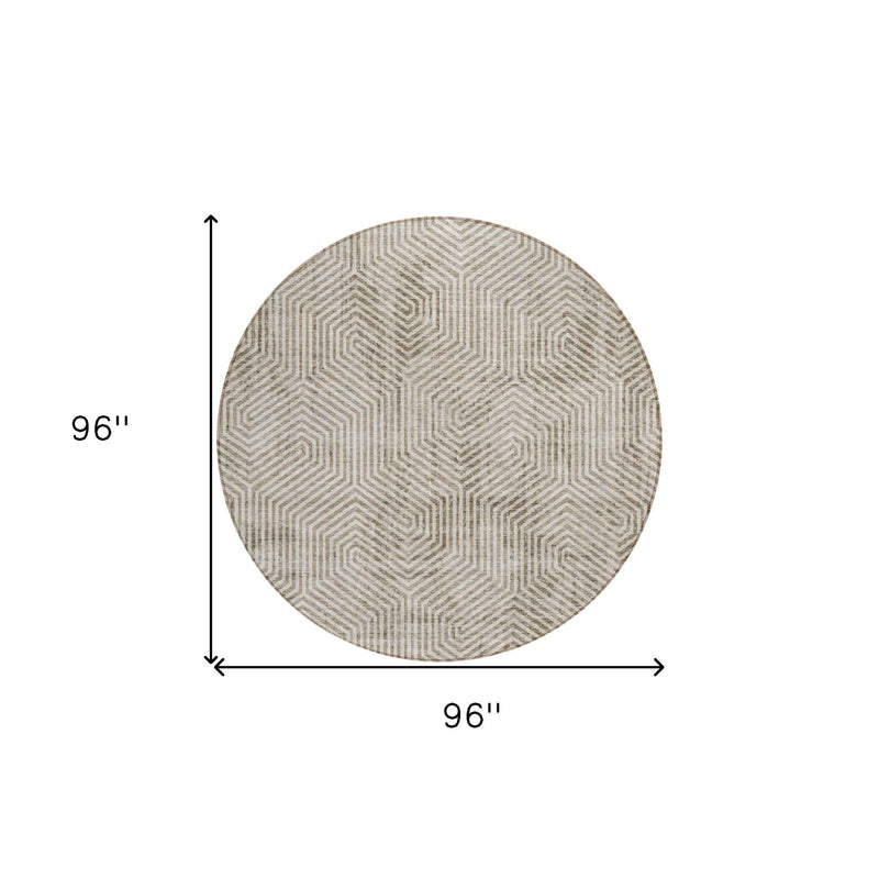 8' Taupe And Beige Round Geometric Washable Indoor Outdoor Area Rug