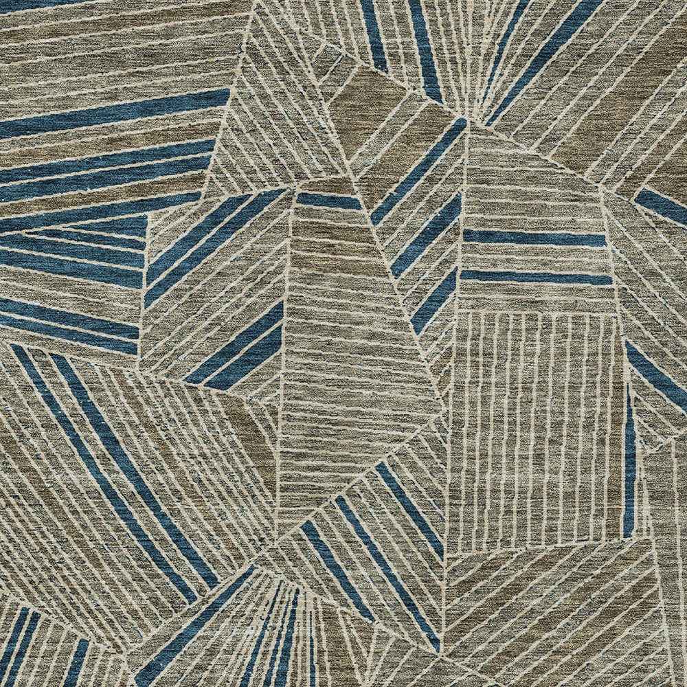 9' X 12' Taupe Blue And Beige Geometric Washable Indoor Outdoor Area Rug