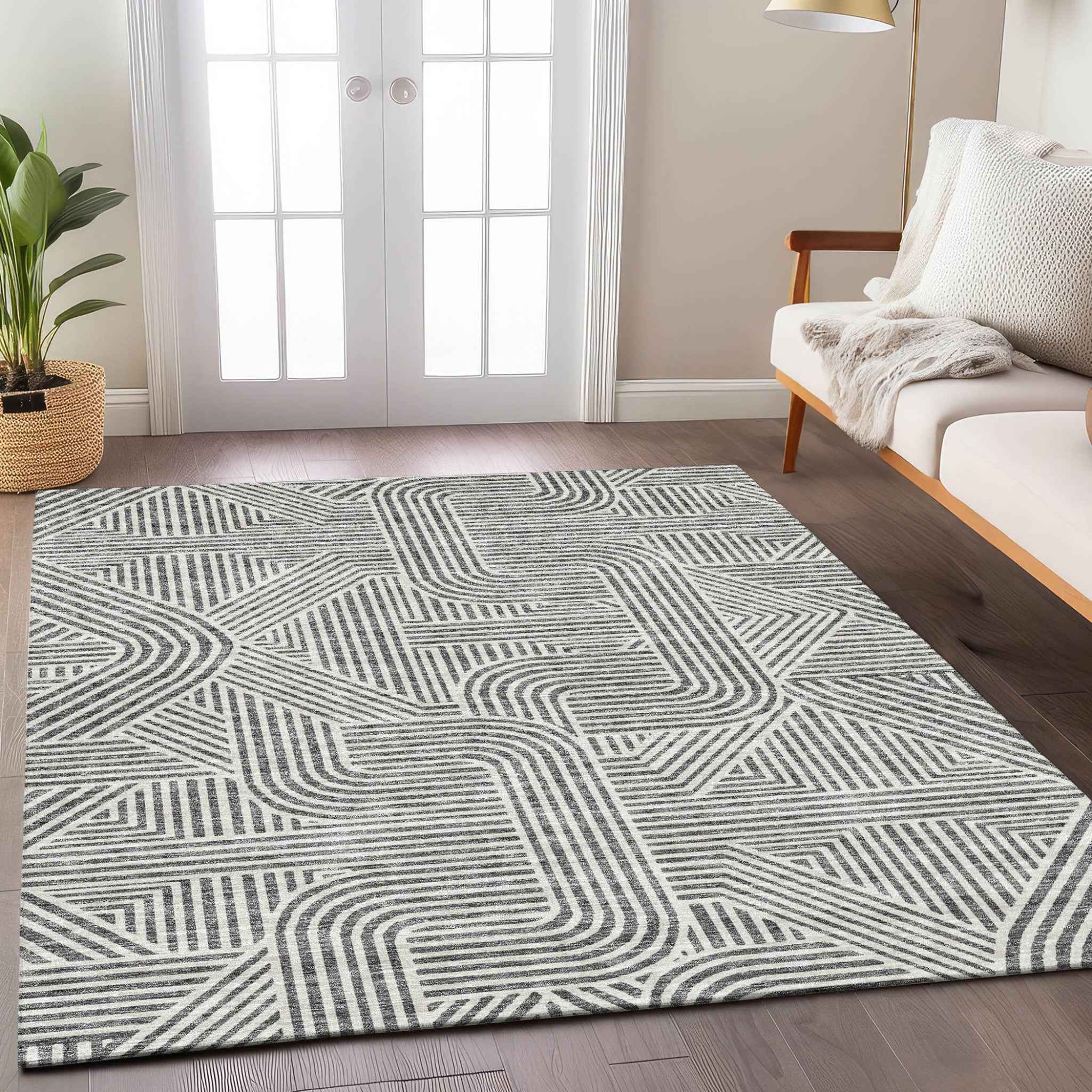 10' X 14' Gray And Ivory Abstract Washable Indoor Outdoor Area Rug