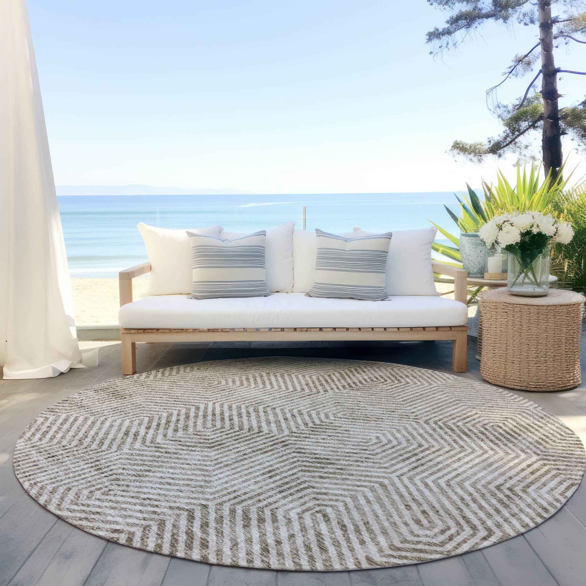 8' Taupe And Beige Round Geometric Washable Indoor Outdoor Area Rug