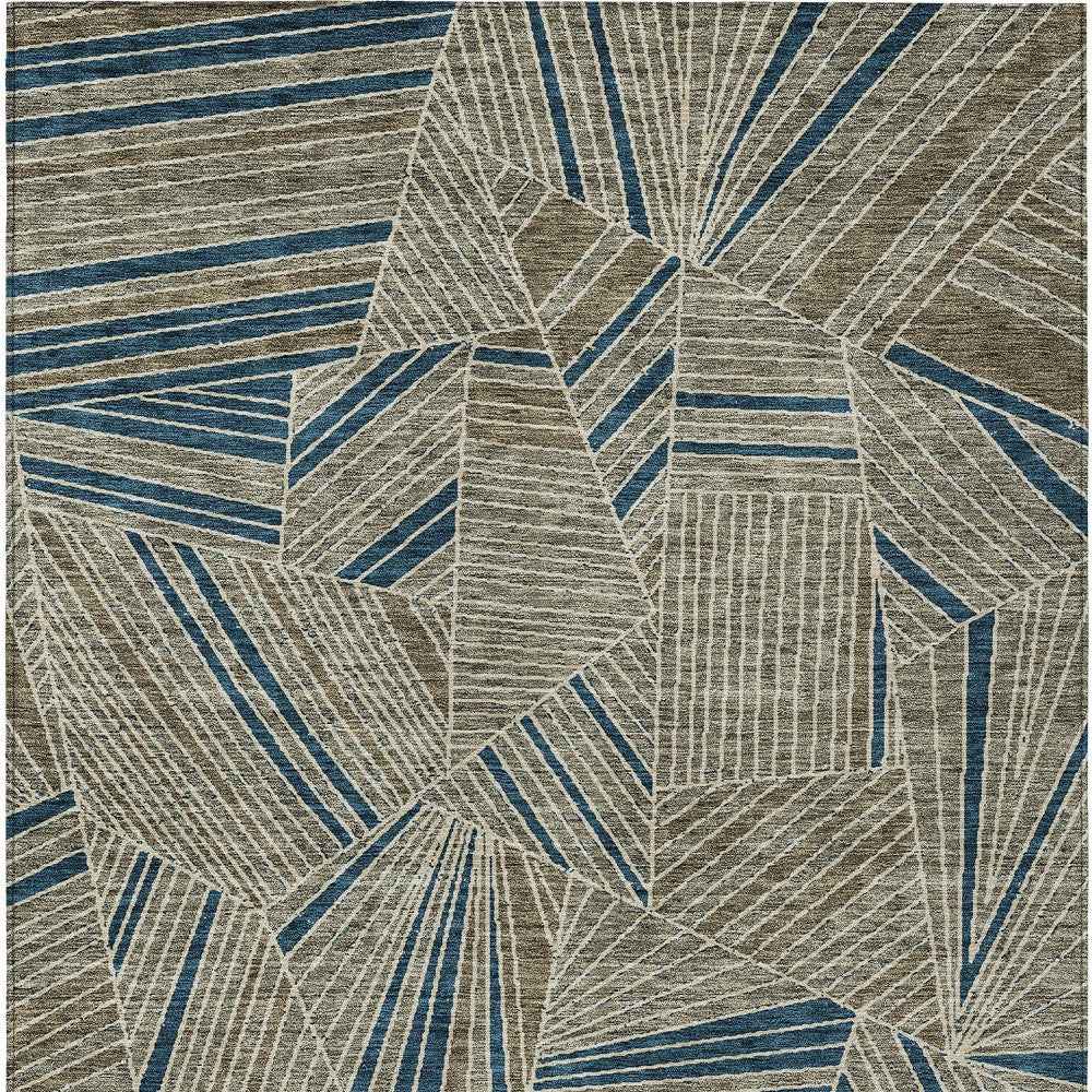 9' X 12' Taupe Blue And Beige Geometric Washable Indoor Outdoor Area Rug