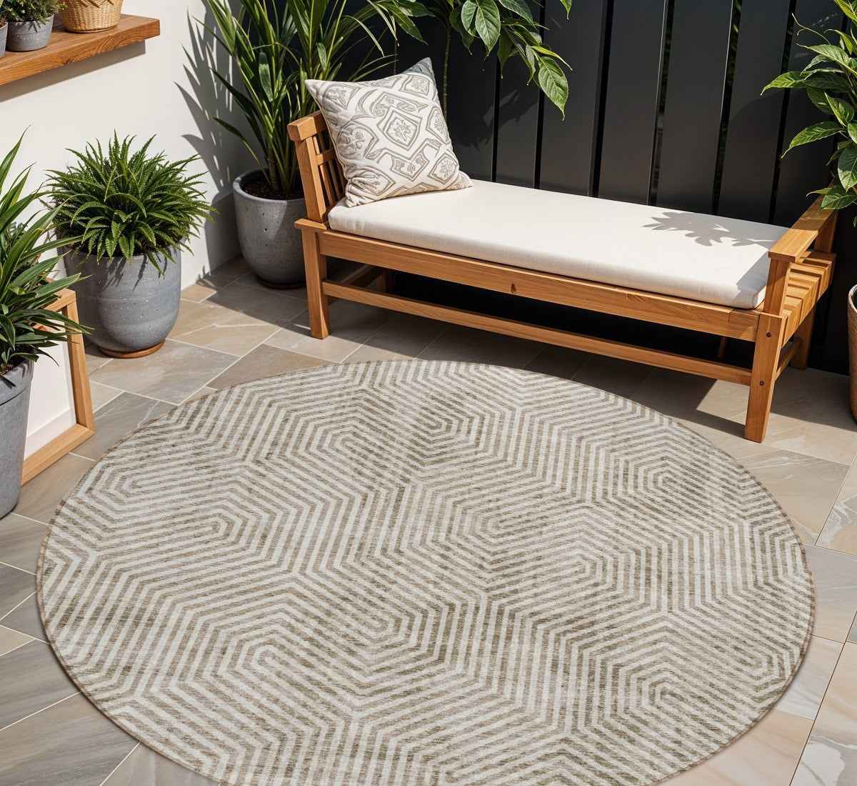 8' Taupe And Beige Round Geometric Washable Indoor Outdoor Area Rug