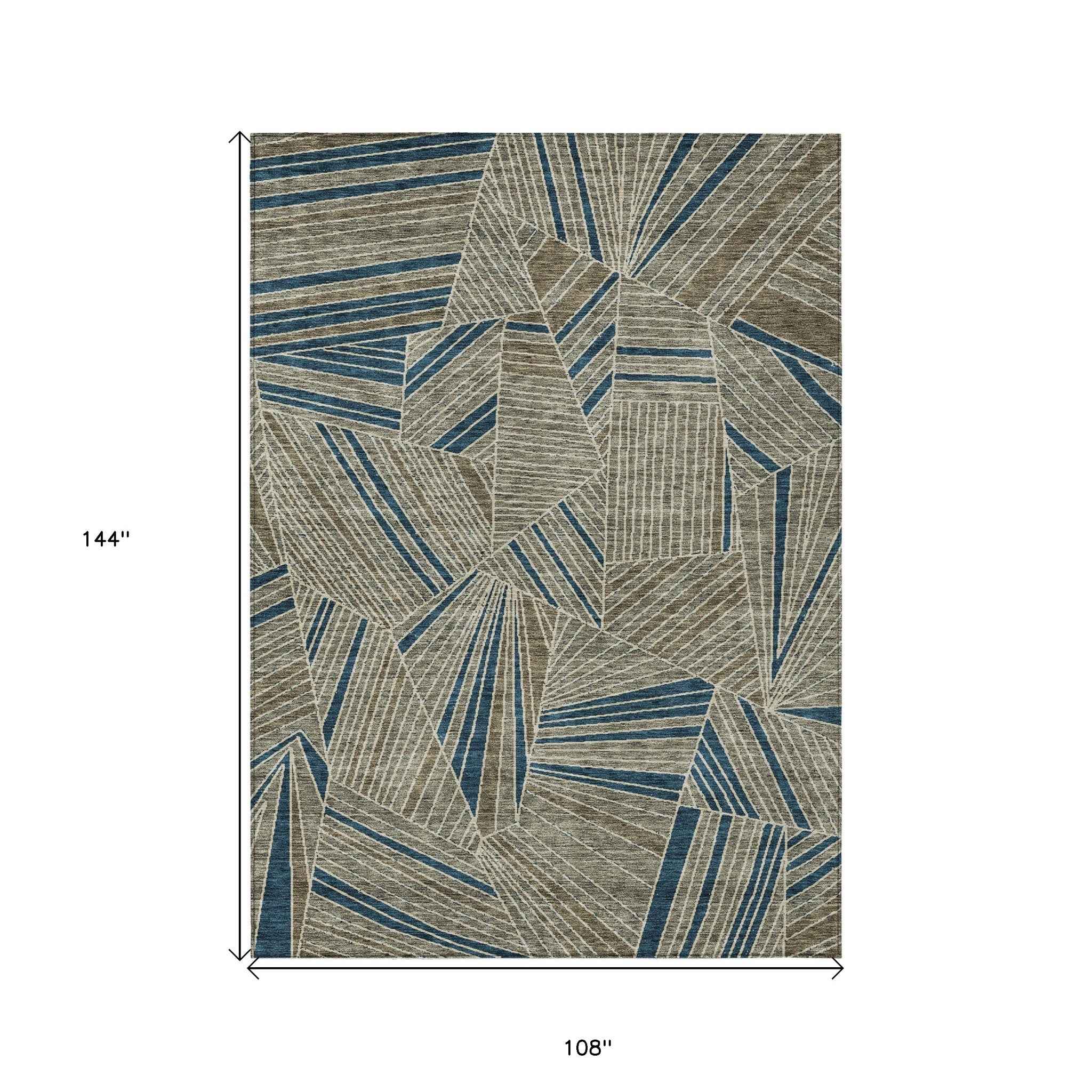 9' X 12' Taupe Blue And Beige Geometric Washable Indoor Outdoor Area Rug